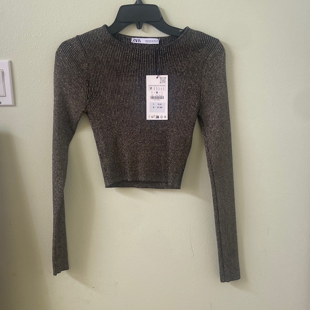 Zara Metallic Ribbed Long Sleeve Crop Top in Black/Gold